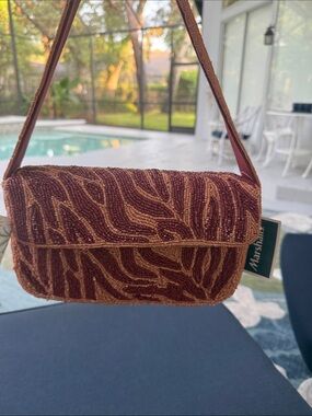Marshall Maroon & Tan Beaded Clutch with Abstract Wave Pattern